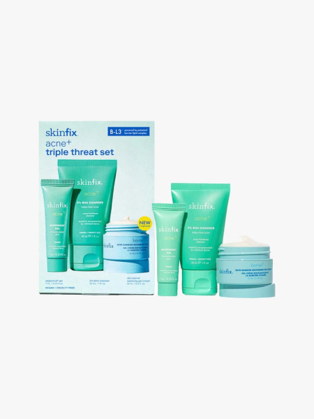 SkinFix Acne+ Triple Threat Set in branded components on a light gray background